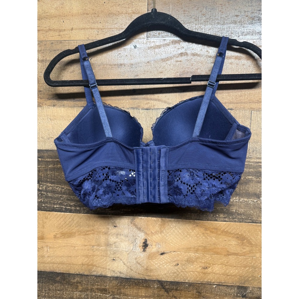 Adored by Adore Me Navy Blue Lace Longline Underwire Bra 34D Floral Mesh Back - Picture 3 of 6